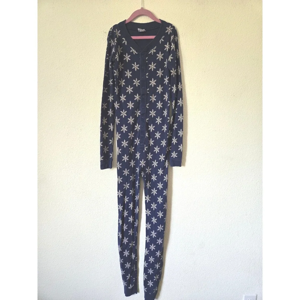 Hanna Andersson 12 Pajamas One-piece Blue Snowflake Organic Cotton Long John